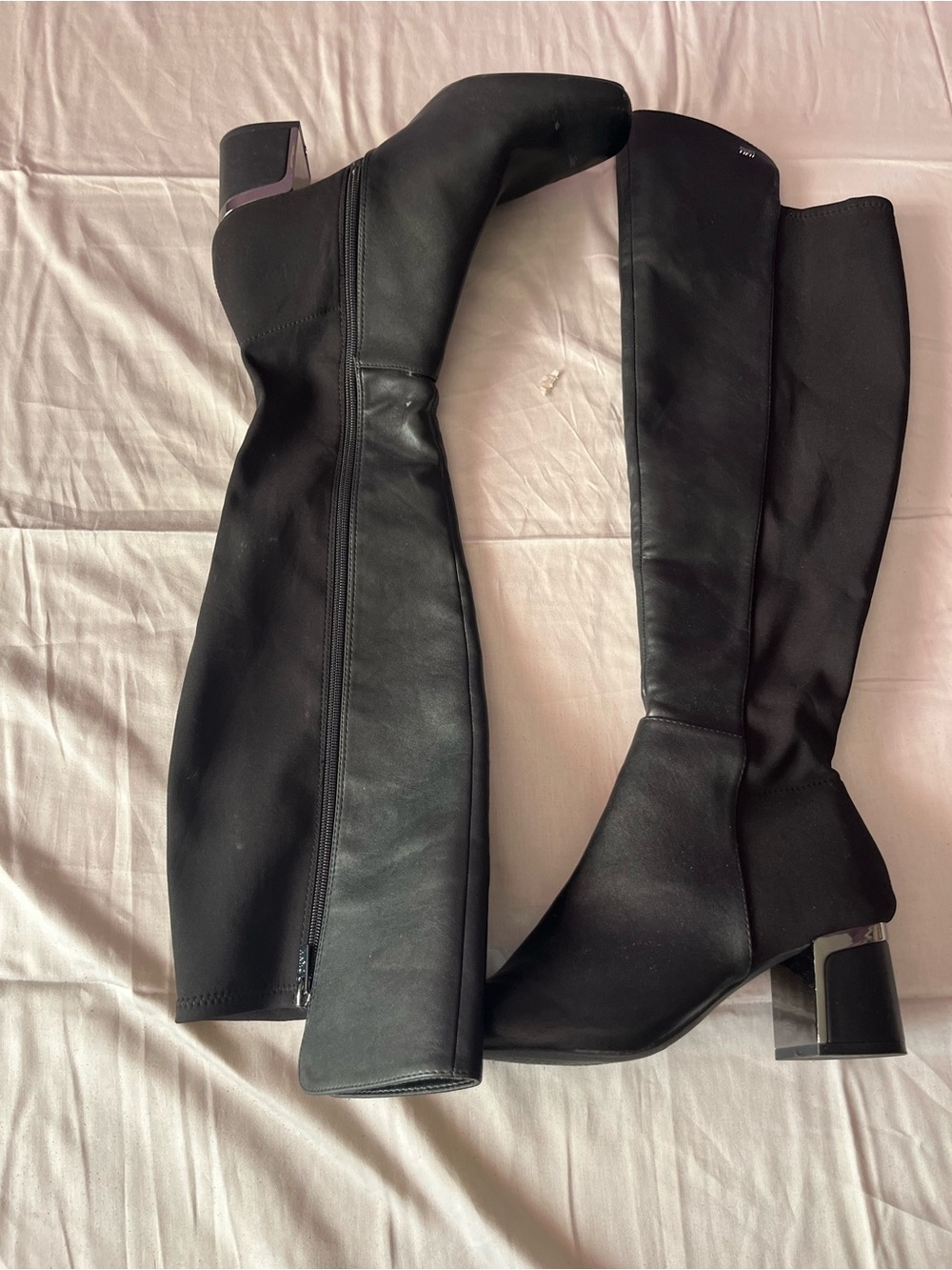 DKNY Black Over-the-Knee Block Heel Boots with Metallic Accent